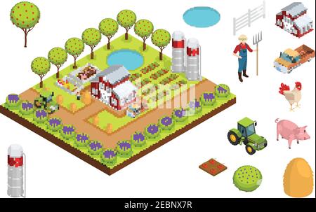 Farm isometric composition layout creating a farm with a house trees seedlings and animals vector illustration Stock Vector