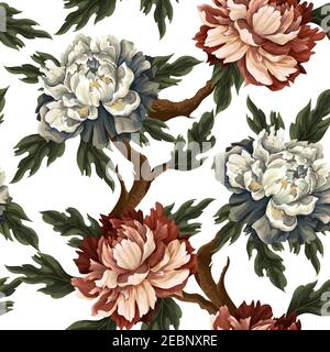 Ornate seamless pattern with vintage peonies, roses and .chrysanthemums. Vector. Stock Vector