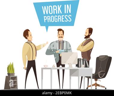 Work meeting design in cartoon style with standing men around office table during communication vector illustration Stock Vector