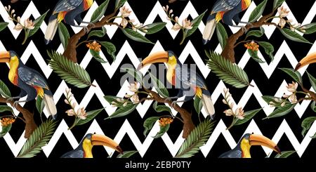 Seamless pattern with birds and tropical leaves and flowers. Vector. Stock Vector