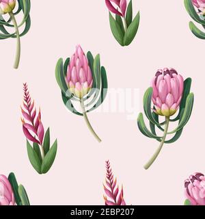 Seamless pattern with proteas flowers. Trendy floral vector print. Stock Vector