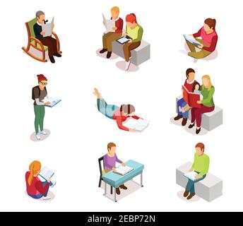 Colored and isolated isometirc reading people icon set with different ages and hobbies women and men vector illustration Stock Vector