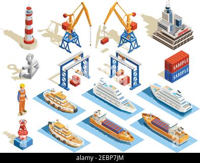 Seaport isometric set of industrial cruise ships marine tugs worker anchor cranes containers lighthouse isolated vector illustration Stock Vector