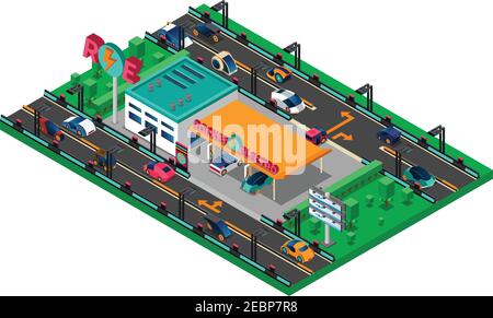 Futuristic isometric concept with cars of new generation charging station billboards trees vector illustration Stock Vector