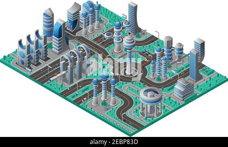 Future city isometric composition with futuristic buildings of different construction road and park vector illustration Stock Vector