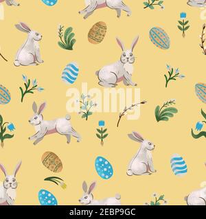 Rustic seamless pattern with trees, rabbits, eggs and other. Easter print. Stock Vector