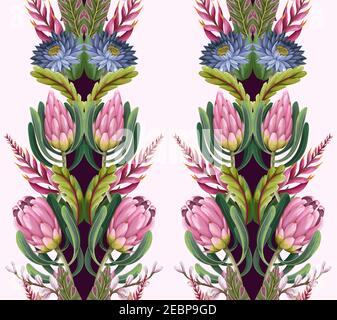Border with proteas flowers. Trendy floral vector print. Stock Vector