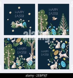 Easter card with rustic trees, rabbits, eggs and other. Vector illustration. Stock Vector