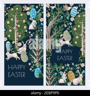 Easter card with rustic trees, rabbits, eggs and other. Vector illustration. Stock Vector