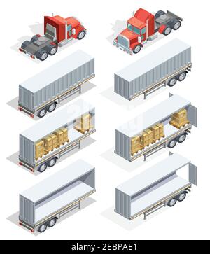 Colored and realistic truck isometric icon set with truck carrying loads and several types of trailers vector illustration Stock Vector