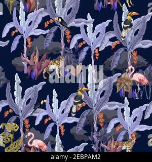 Seamless pattern with jungle animals, flowers and trees. Vector. Stock Vector