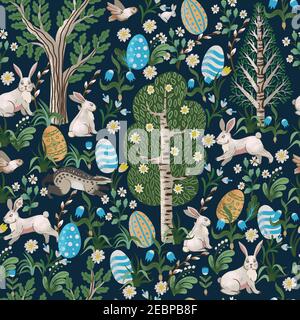 Rustic seamless pattern with trees, rabbits, eggs and other. Easter print. Stock Vector