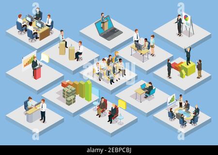 Business training isometric set with staff coaching and learning on gray squares isolated vector illustration Stock Vector