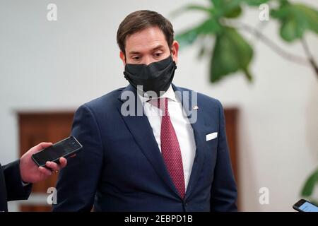 Sen. Marco Rubio R-Fla. is seen in the Capitol Subway at the U.S. Capitol in Washington, D.C. on Friday, February 12, 2021. Today, House impeachment managers rested their case that former President Donald Trump was responsible for the January 6 attack on the U.S. Capitol. Photo by Leigh Vogel/Pool/ABACAPRESS.COM