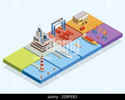 Maritime logistic isometric concept with ships lighthouse port crane containers warehouse tug passengers vector illustration Stock Vector