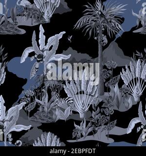Seamless monochrome pattern with jungle animals, flowers and trees. Vector. Stock Vector
