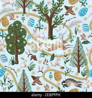 Rustic seamless pattern with trees, rabbits, eggs and other. Easter print. Stock Vector