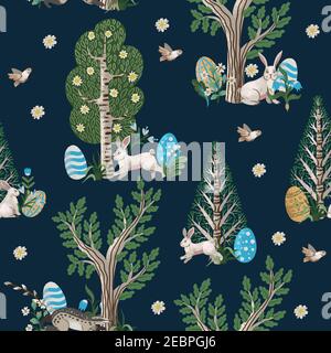 Rustic seamless pattern with trees, rabbits, eggs and other. Easter print. Stock Vector