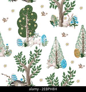 Rustic seamless pattern with trees, rabbits, eggs and other. Easter print. Stock Vector