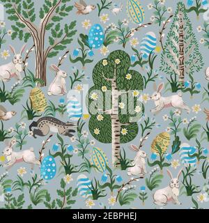 Rustic seamless pattern with trees, rabbits, eggs and other. Easter print. Stock Vector