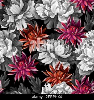 Monochrome seamless pattern with vintage peonies, roses and .chrysanthemums. Vector. Stock Vector