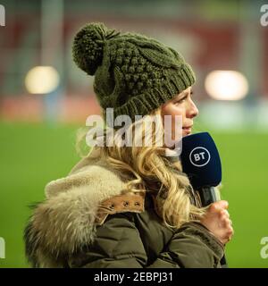 Gloucester, UK. 12th Feb, 2021. Sarra Elgan BT Sport TV Presenter before kick off in Gloucester, UK on 2/12/2021. (Photo by Gareth Dalley/News Images/Sipa USA) Credit: Sipa USA/Alamy Live News Stock Photo