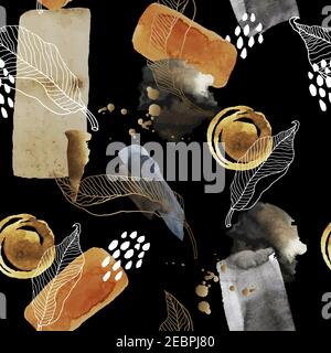 Seamless abstract pattern with watercolor blots, leaves and gold elements. Vector. Stock Vector