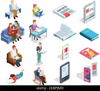 Isolated and colored isometirc reading icon set with people who read books magazines tablets in different places vector illustration Stock Vector