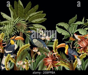 Border with birds and tropical leaves and flowers for interior. Vector. Stock Vector