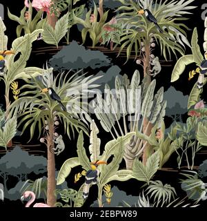 Seamless pattern with jungle animals, flowers and trees. Vector. Stock Vector