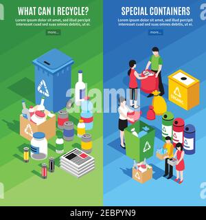 Two vertical banners set with isometric garbage recycling images special containers and people discarding separate rubbish vector illustration Stock Vector