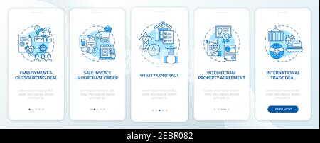 Common commercial contracts types onboarding mobile app page screen with concepts Stock Vector