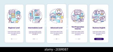 Language learning levels onboarding mobile app page screen with concepts Stock Vector