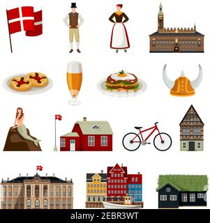Denmark set of icons in flat style with architecture national flag clothing and  cuisine isolated vector illustration Stock Vector