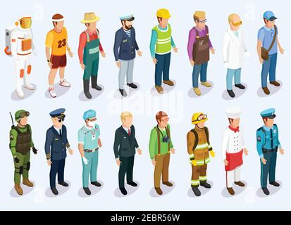 Person isometric collection with man of different professions and jobs isolated vector illustration Stock Vector