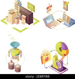 Data analysis isometric compositions with information gathering processing and check charts and statistics isolated vector illustration Stock Vector