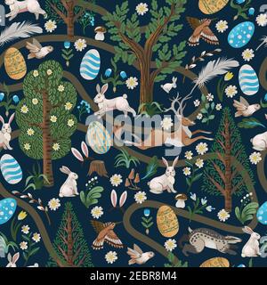 Rustic seamless pattern with trees, rabbits, eggs and other. Easter print. Stock Vector