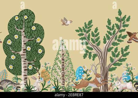 Rustic border with trees, rabbits, eggs and other. Easter print. Stock Vector