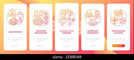 Team building activities onboarding mobile app page screen with concepts Stock Vector