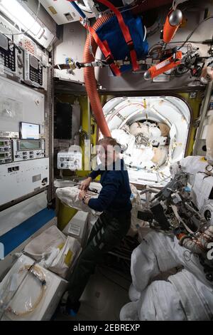 NASA astronaut and Expedition 64 Flight Engineer Shannon Walker inspects spacewalk hardware inside the Quest airlock where U.S. spacesuits are stored for spacewalks aboard the International Space Station January 11, 2021 in Earth Orbit. Stock Photo