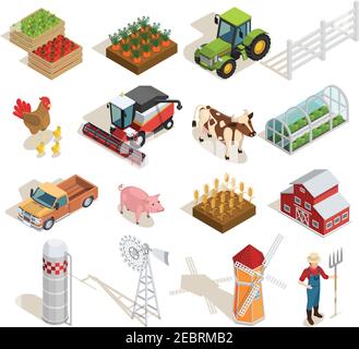 Agricultural machines isometric concept icons set with baler and ...