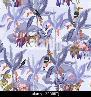 Seamless pattern with jungle animals, flowers and trees. Vector. Stock Vector