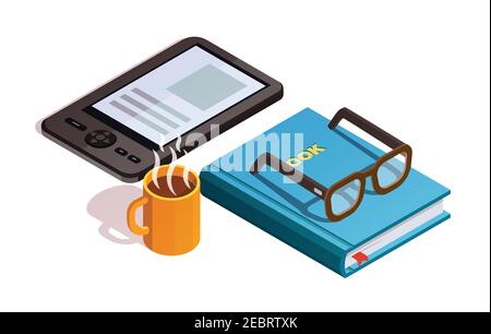 Colored isometirc reading composition with cup of coffee glasses and book electronic and paper vector illustration Stock Vector