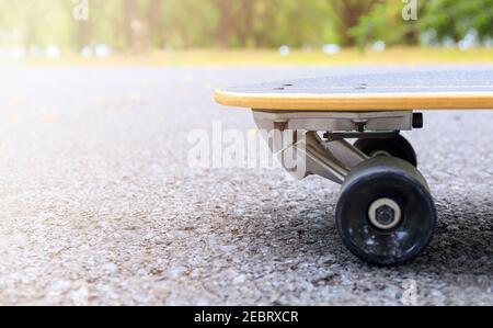 Close up skateboard on morning at park. Head of skateboard and wheel on road at public park. Sport concept. Stock Photo