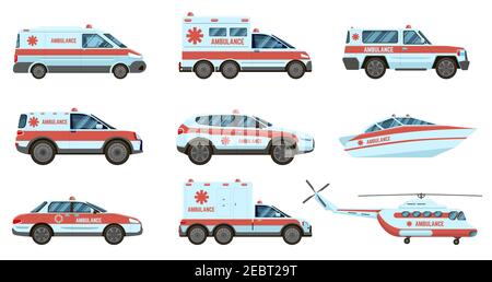 Ambulance emergency vehicles. Official city ambulance cars, helicopter and boat. City emergency service cars vector illustration set