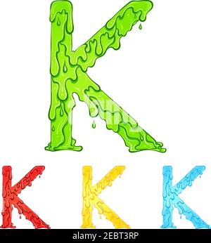 Letter K with flow drops and goo splash. Color illustration of the symbol k in four colors green, red, yellow, blue. Dripping liquid. Vector font in hand drawn style isolated on white background. Stock Vector