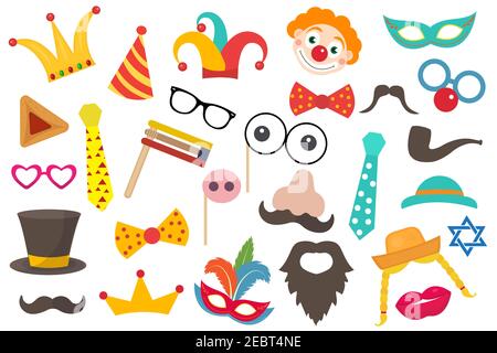 Happy Purim carnival set funny costume elements, icons for the party. Purim Jewish holiday props for masquerade, photo shoot .Vector clip art Stock Vector