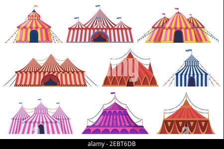 Circus tent. Amusement park vintage carnival circus tent with flags, kids amusement attraction. Circus entertainment tents vector illustration set Stock Vector