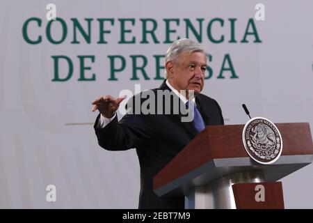 Mexico City, Mexico City, Mexico. 12th Feb, 2021. Mexico's President Andres Manuel Lopez Obrador gesticulates during the daily morning press conference at National Palace on February 12, 2021 in Mexico City, Mexico Credit: Ismael Rosas/eyepix/ZUMA Wire/Alamy Live News