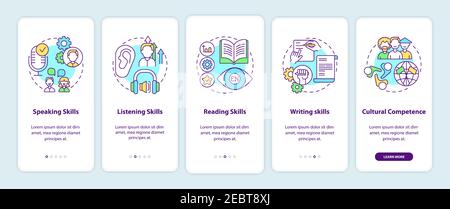 Language learning competences onboarding mobile app page screen with concepts Stock Vector